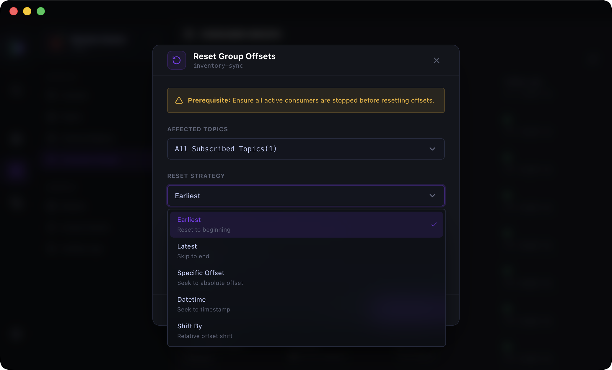 Kafma Reset Group Offsets dialog showing the topic scope, safety warning, and five reset strategies
