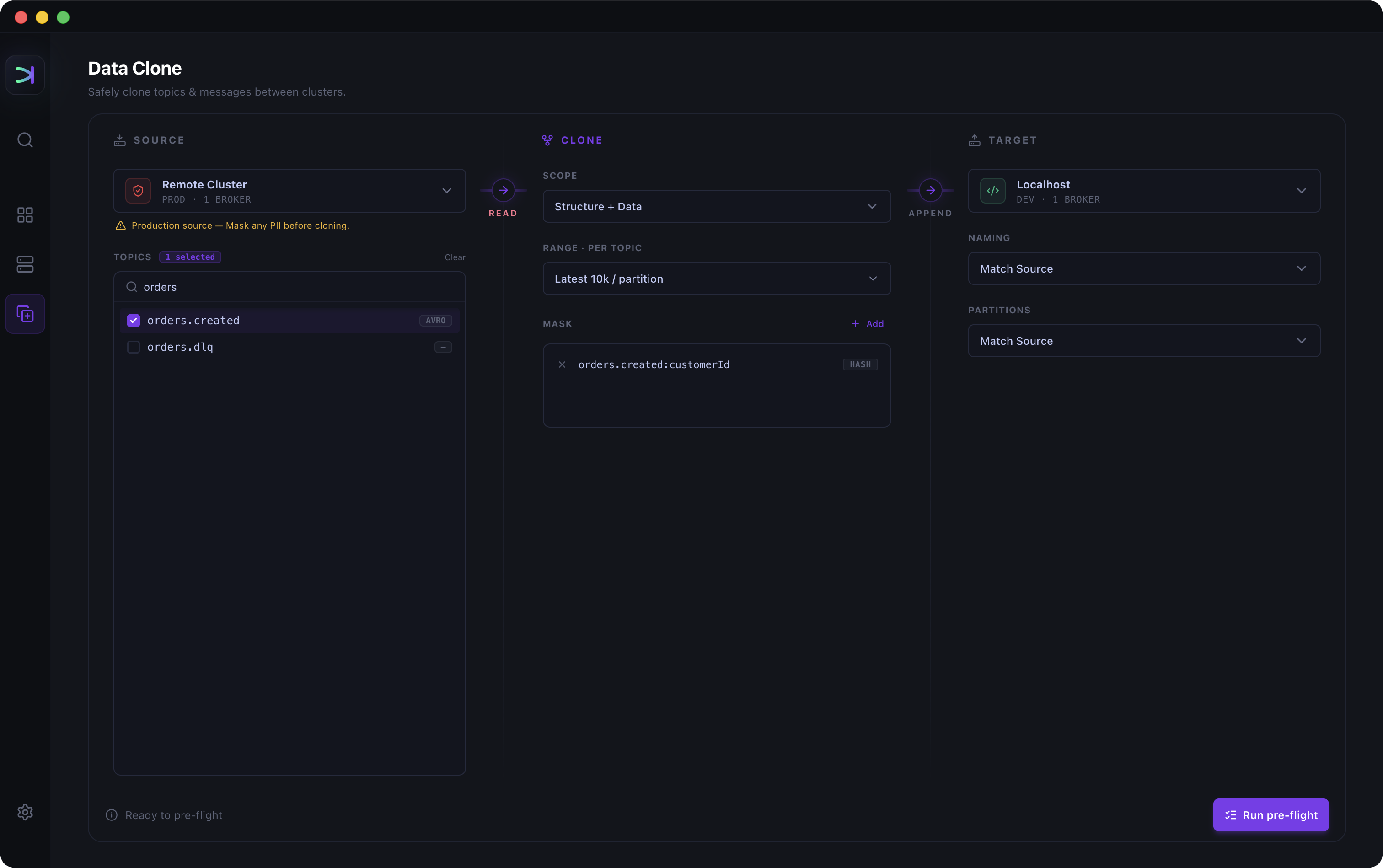Kafma Data Clone copying a selected Kafka topic, schemas, and messages from a remote cluster to localhost with masking