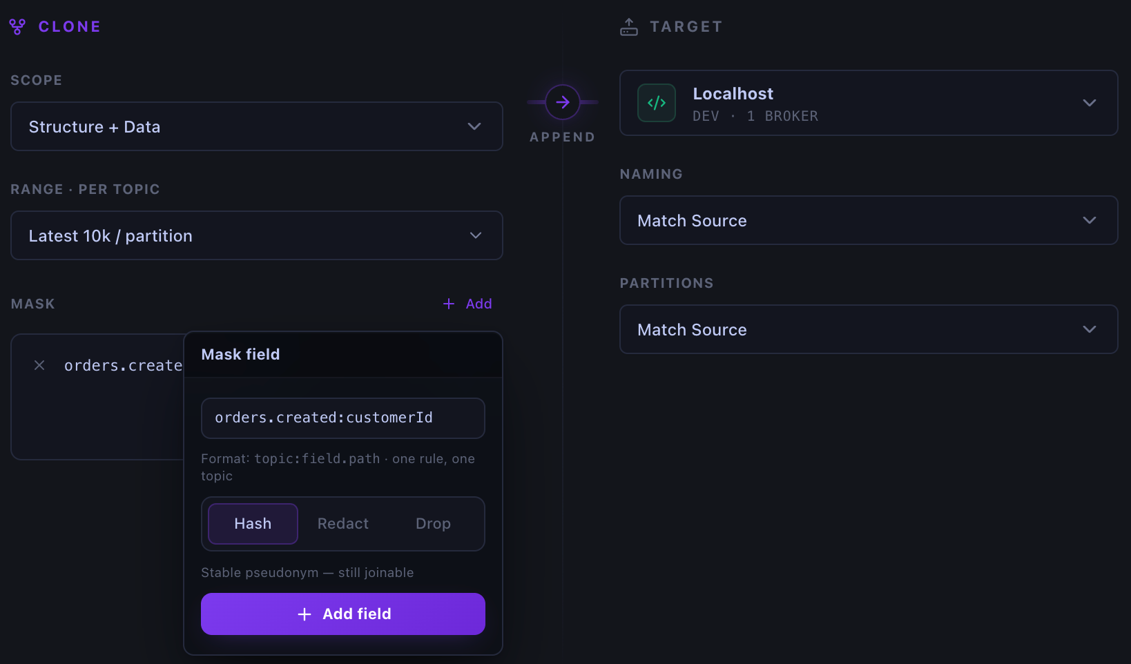 Kafma Data Clone masking rule for a customer ID with Hash, Redact, and Drop options