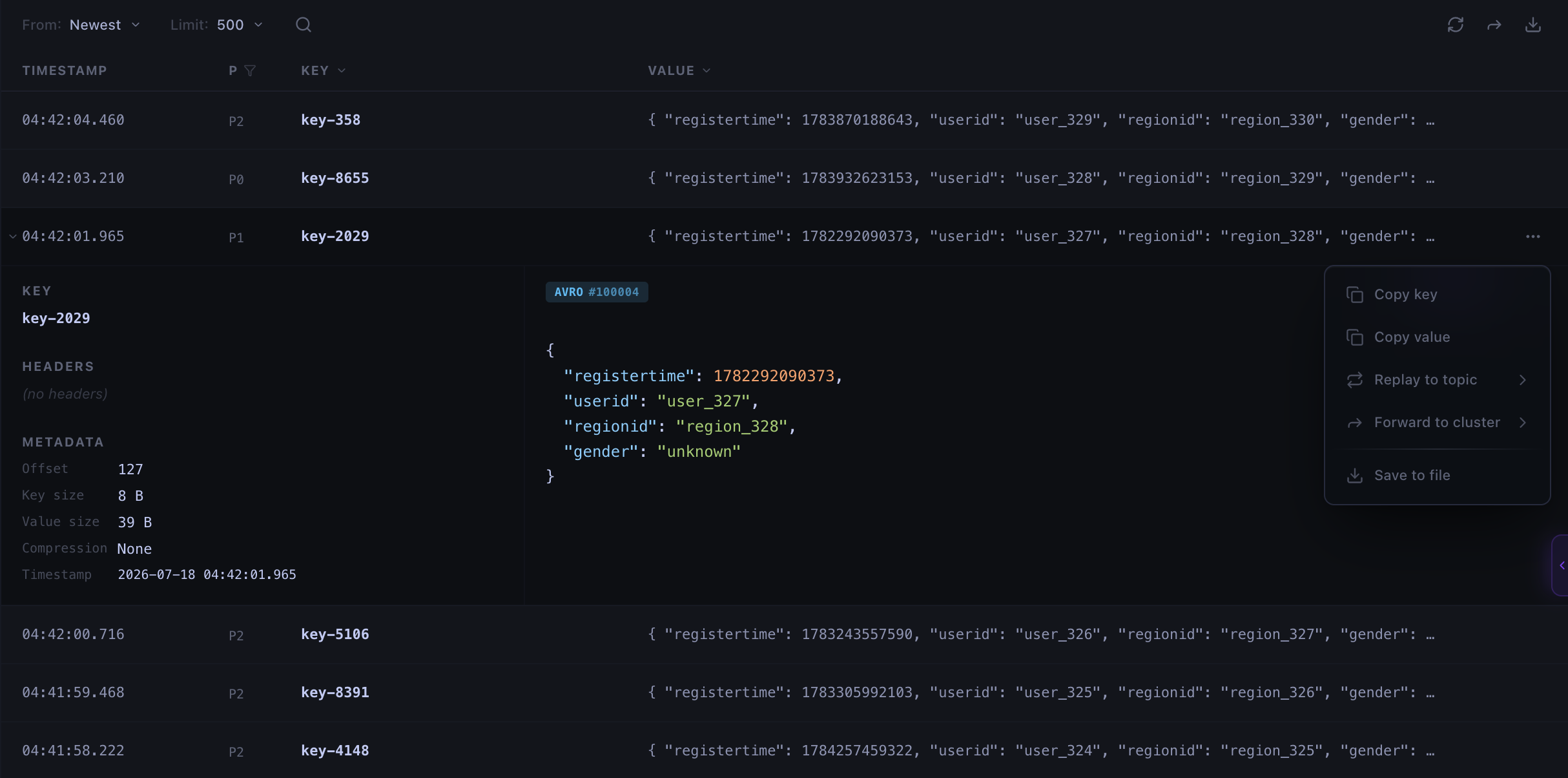 Kafma Console — expanded row showing Avro-decoded JSON with the Replay, Forward, and Save menu open