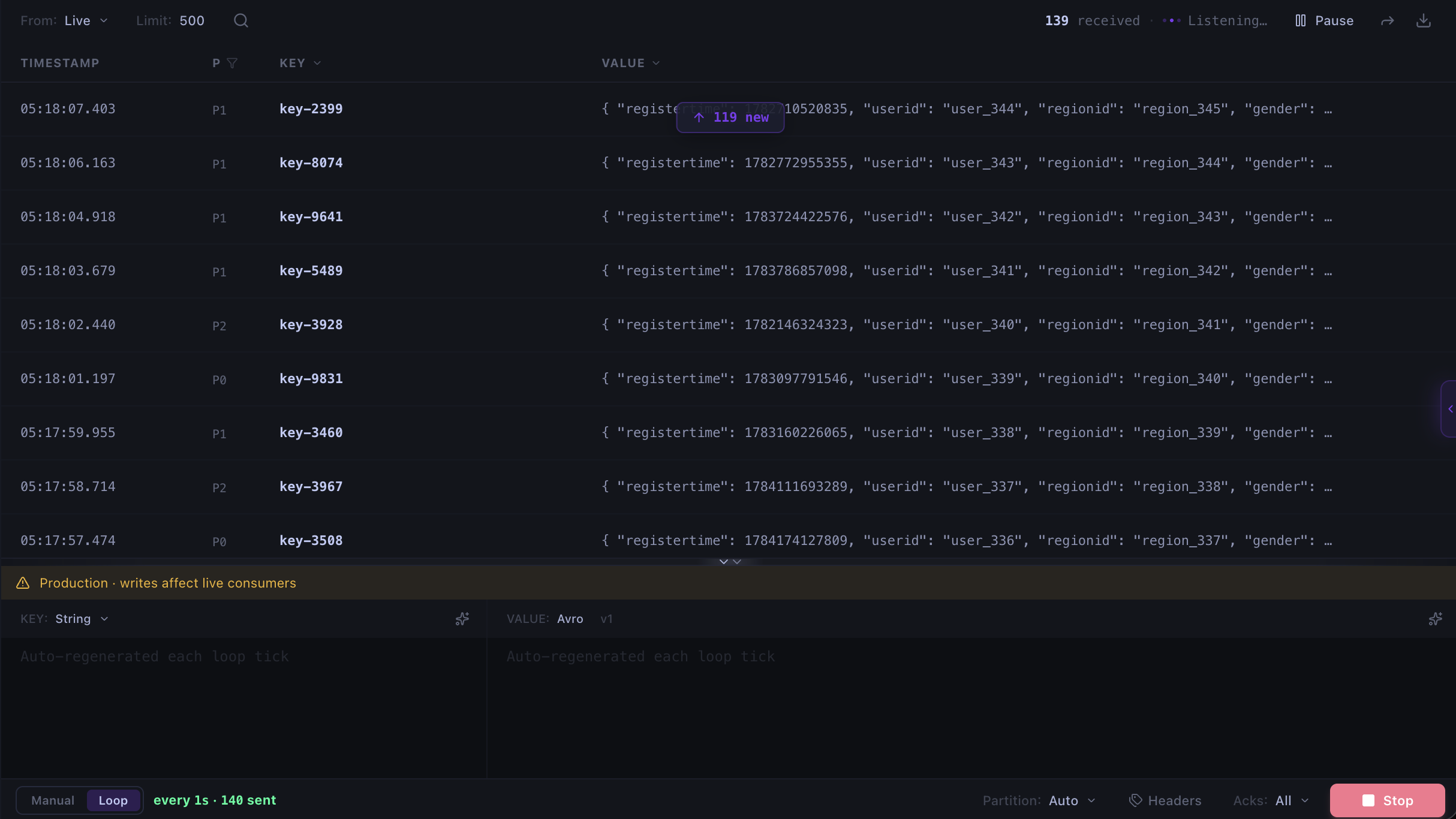 Kafma Console — loop-send at the bottom, live-consuming above