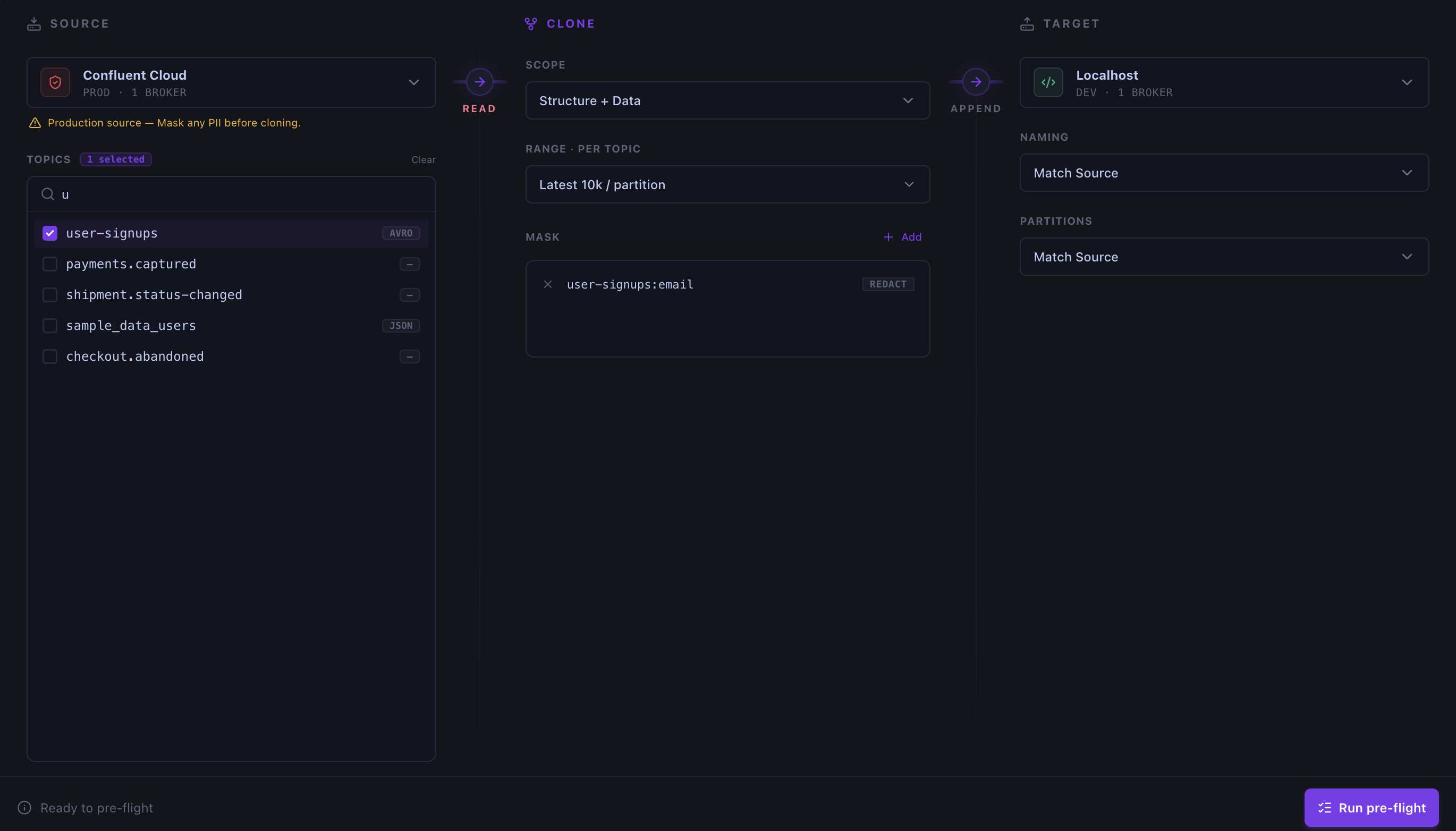 Kafma Data Clone — copying a production topic to a local cluster with PII masking