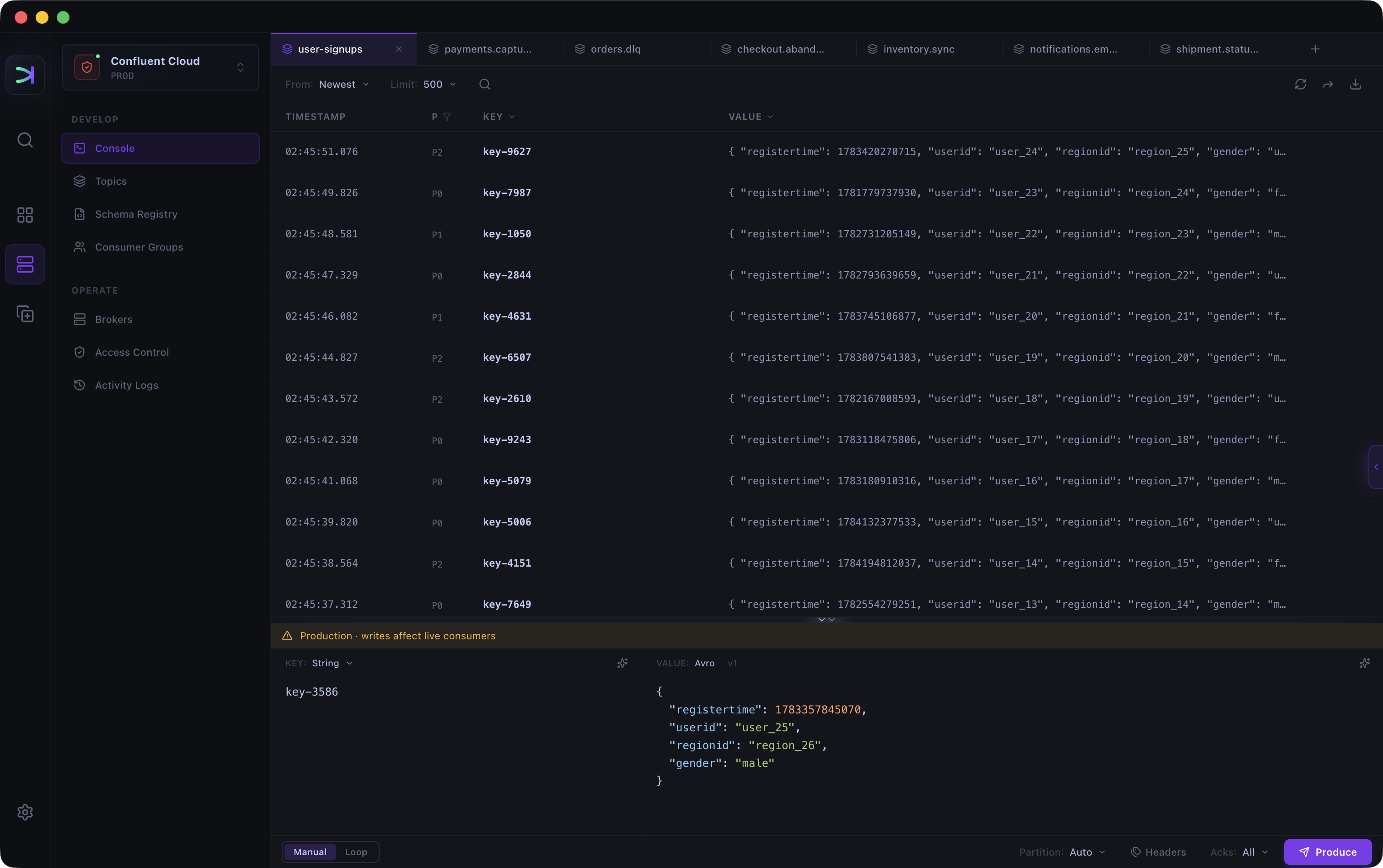 Kafma Console — tabs, sidebar, and produce and consume panel