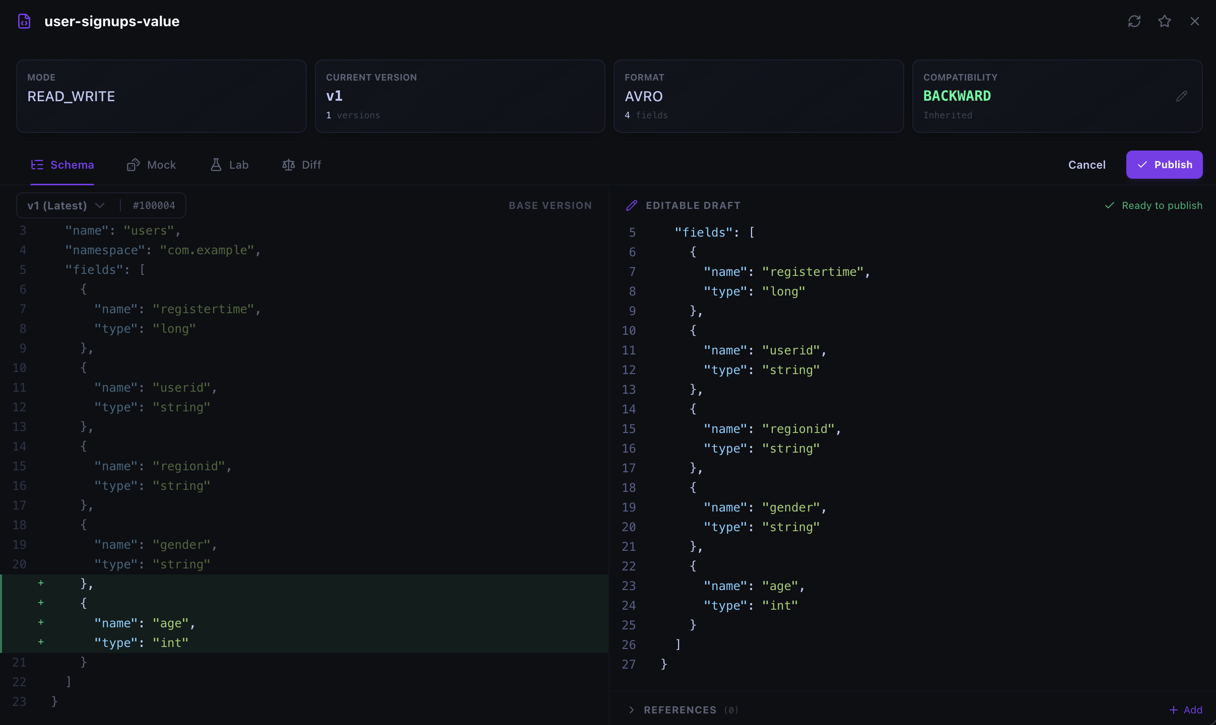 Kafma Schema editor — live base version and editable draft with a diff
