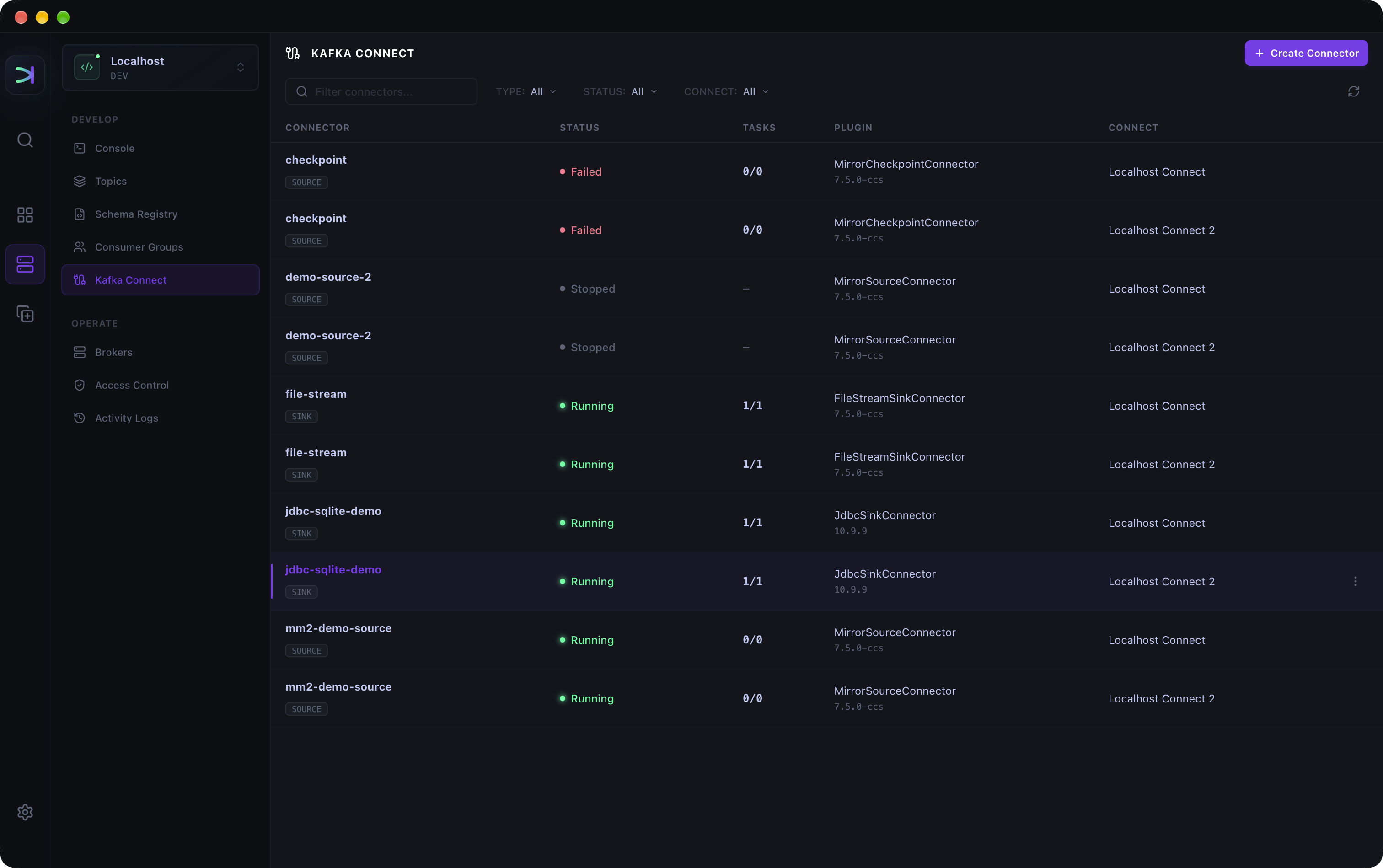 Kafma Kafka Connect Manager listing source and sink connectors with their status, tasks, plugins, and Connect clusters