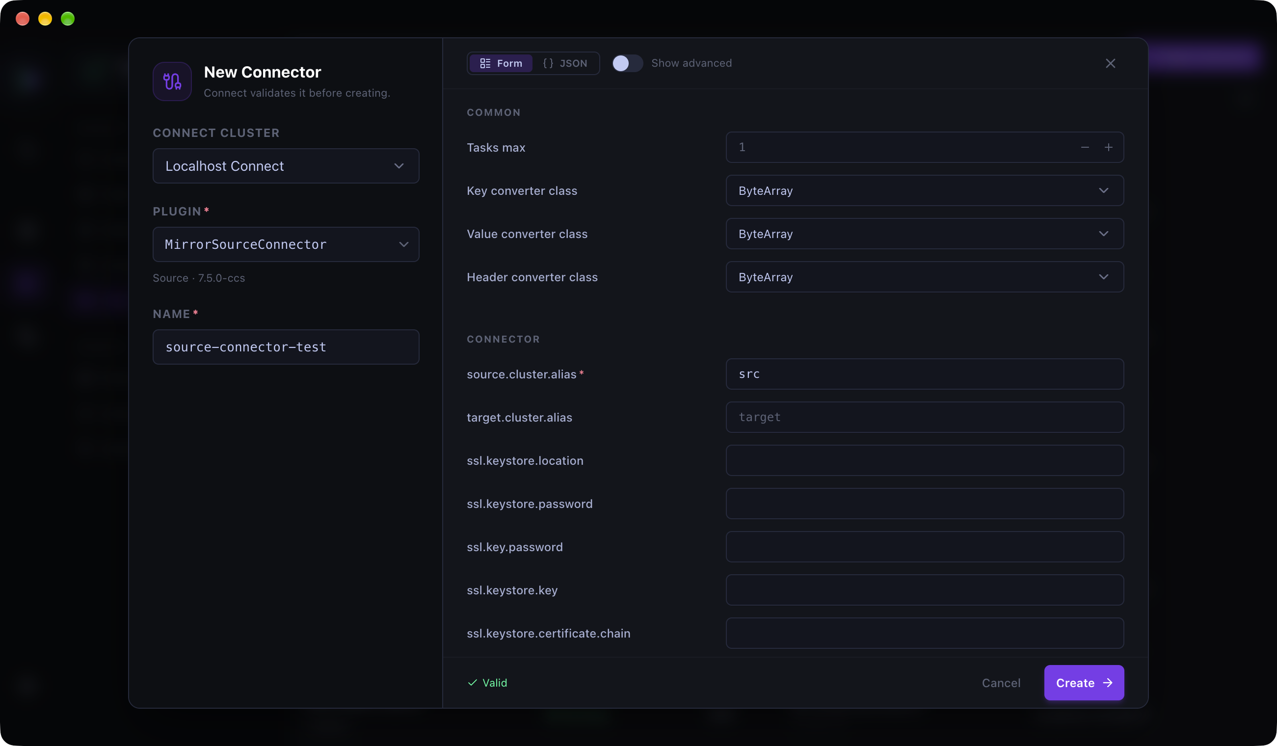 Kafma creating a source connector from an installed plugin with form and JSON editing modes and a valid configuration