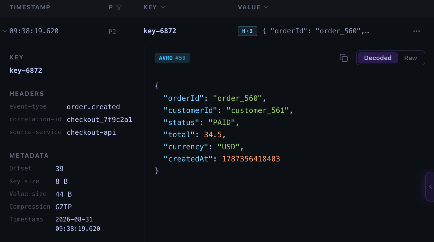 Kafma Kafka Console showing an Avro message decoded as JSON with headers and raw bytes available