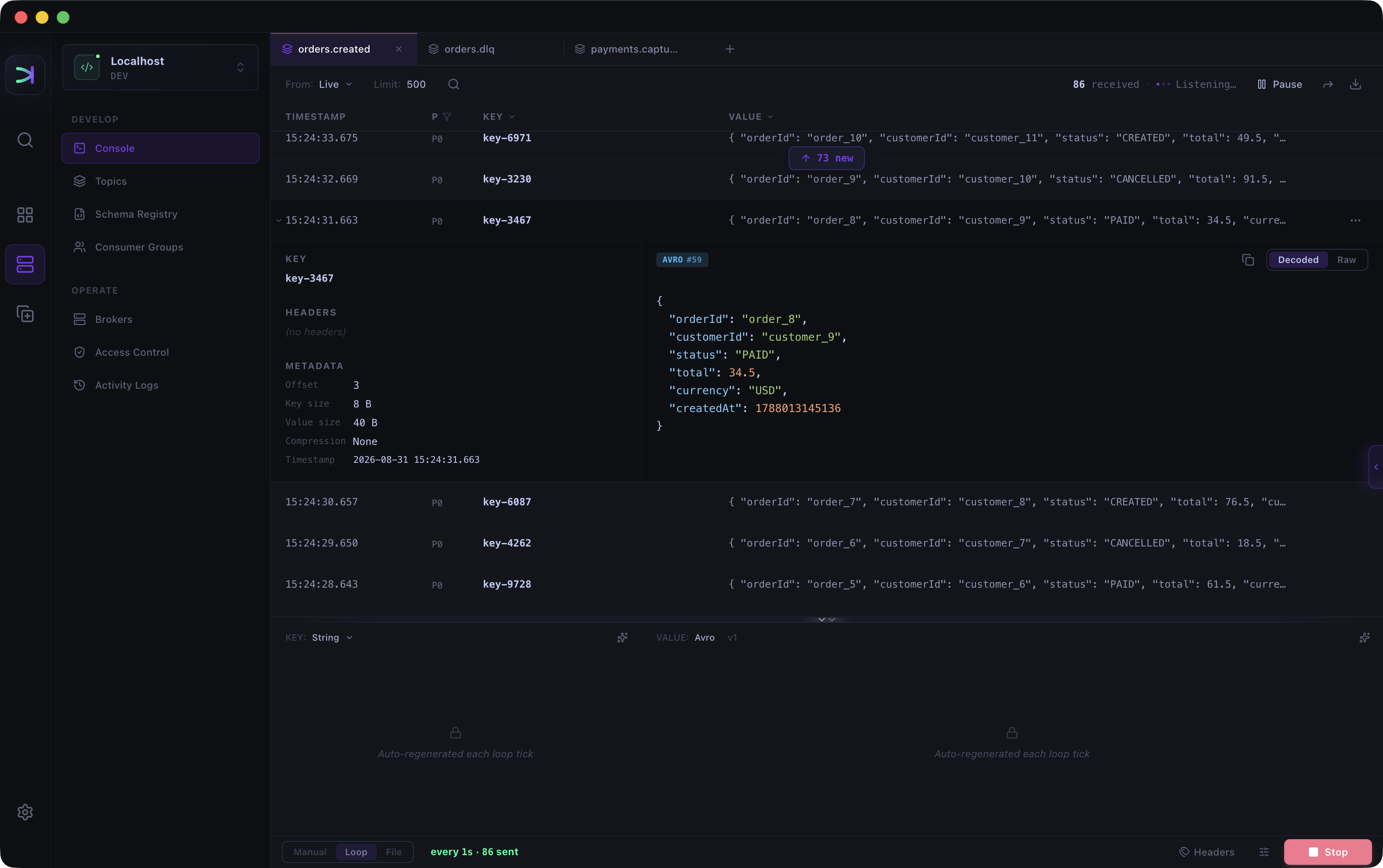 Kafma Kafka Console decoding live Avro messages while a producer loop runs