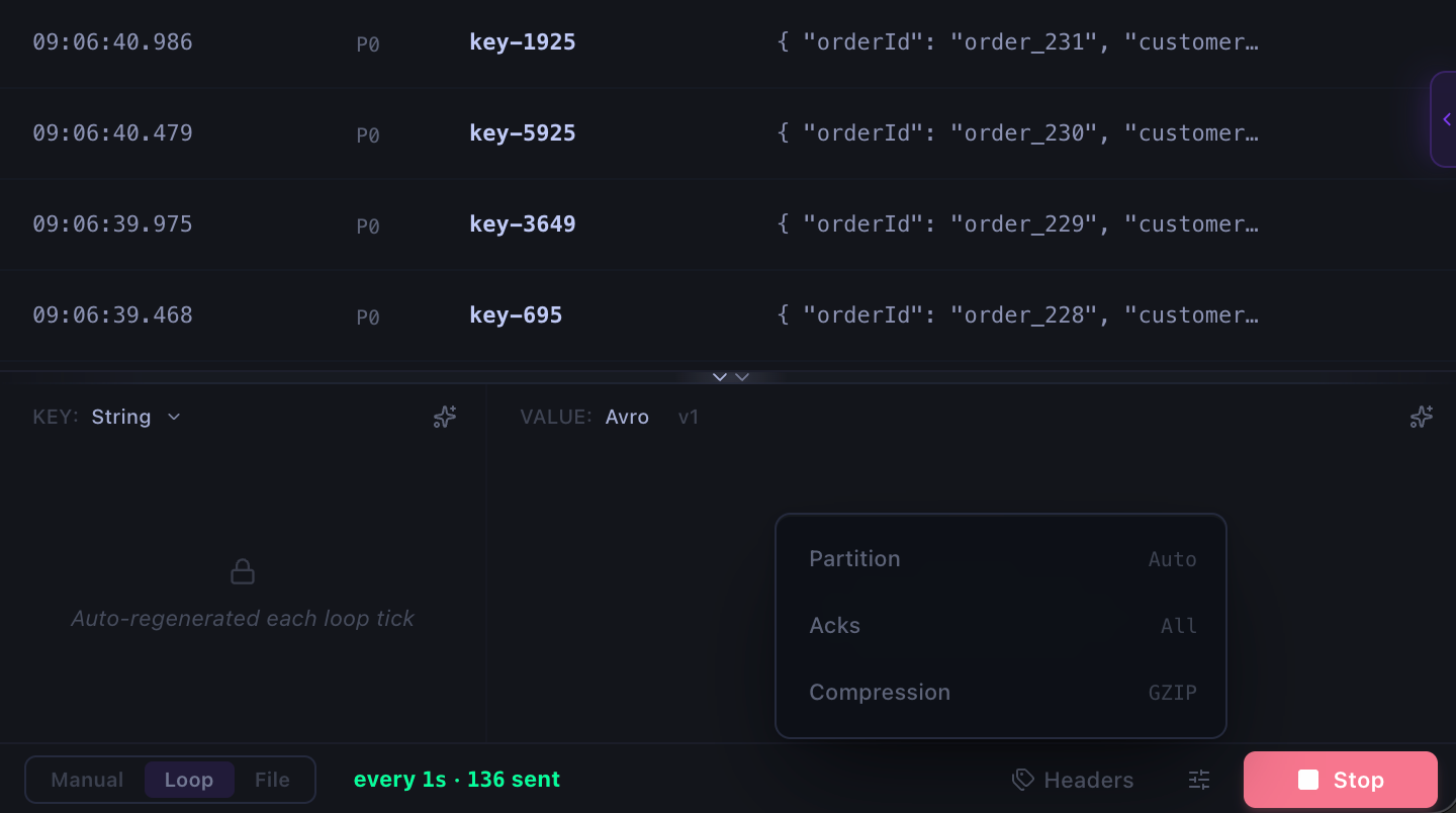 Kafma Kafka producer running a message loop with generated Avro values and compression settings