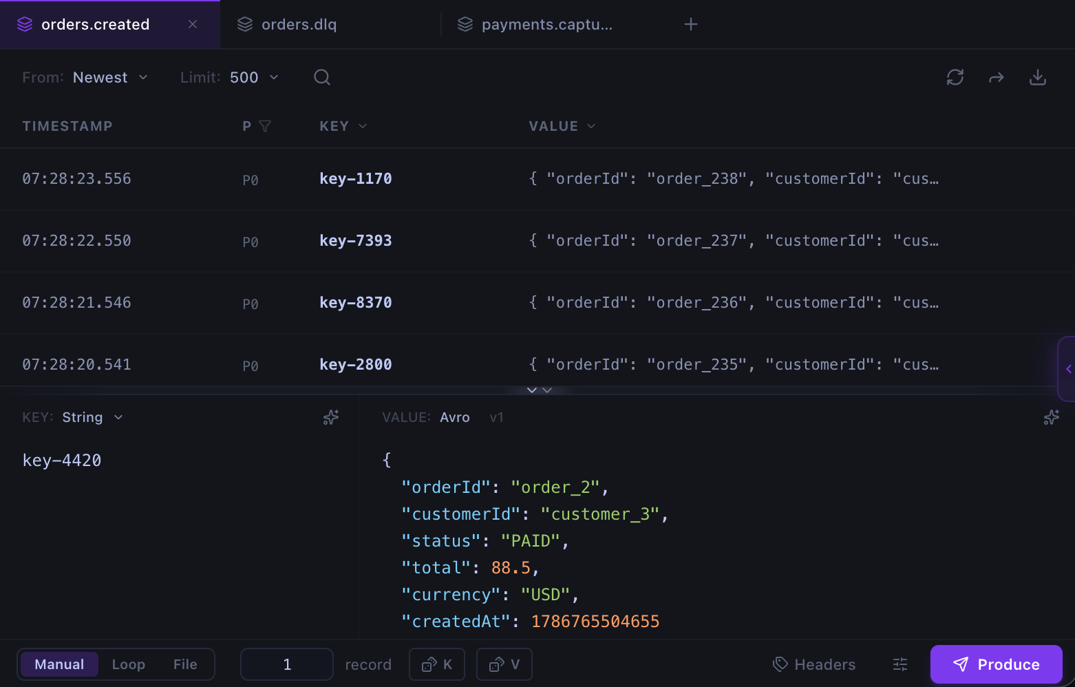Kafma Kafka Console with multiple topic tabs, consumed messages above, and a producer below