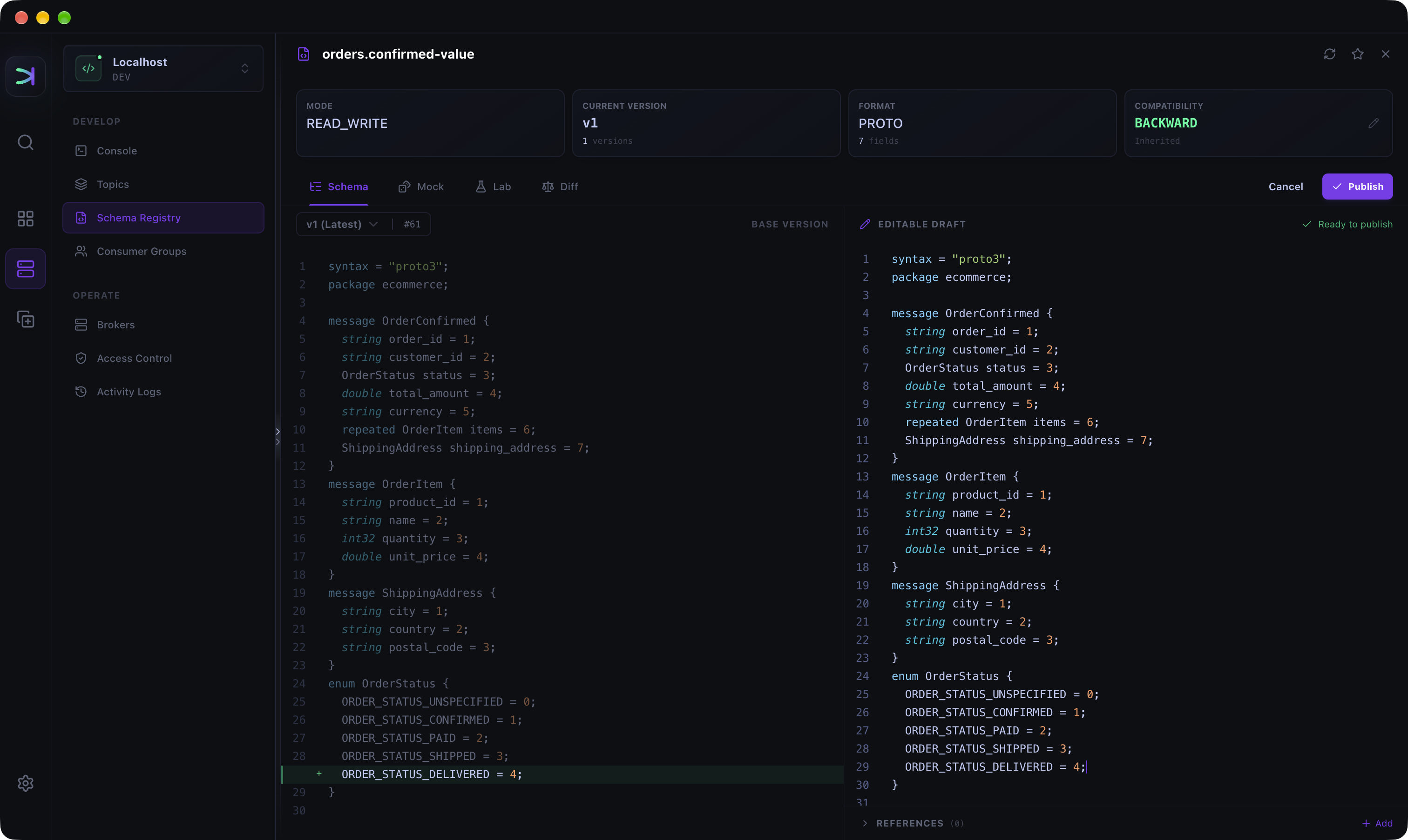 Kafma drafting a new Protobuf version of orders.confirmed-value with a live diff and compatibility set to BACKWARD