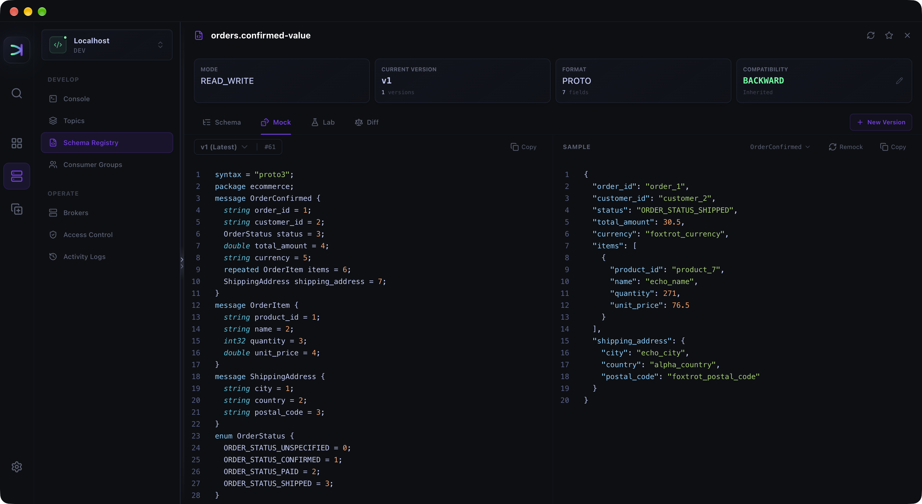 Kafma desktop app generating sample JSON from the OrderConfirmed Protobuf schema in the Schema Registry Mock tab