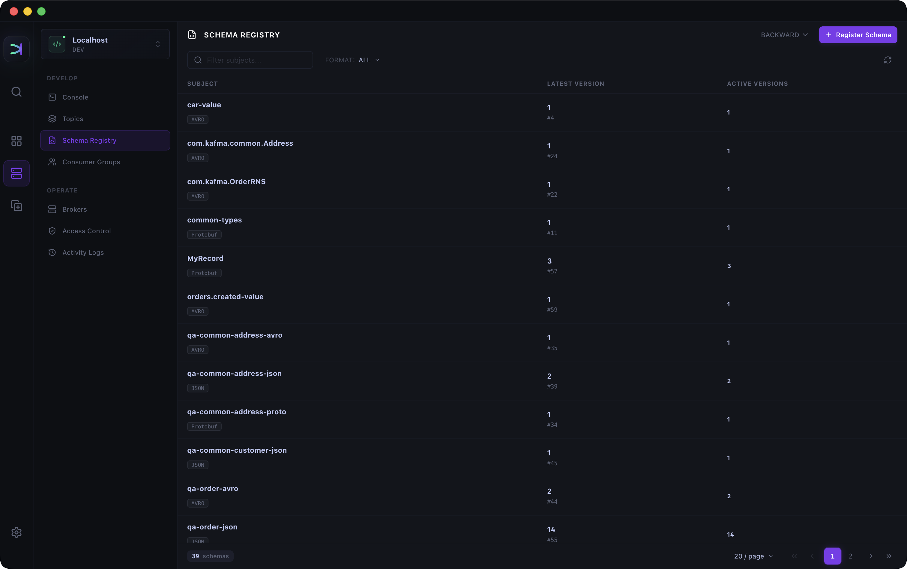 Kafma Schema Explorer listing Avro, Protobuf, and JSON schemas with their latest and active versions