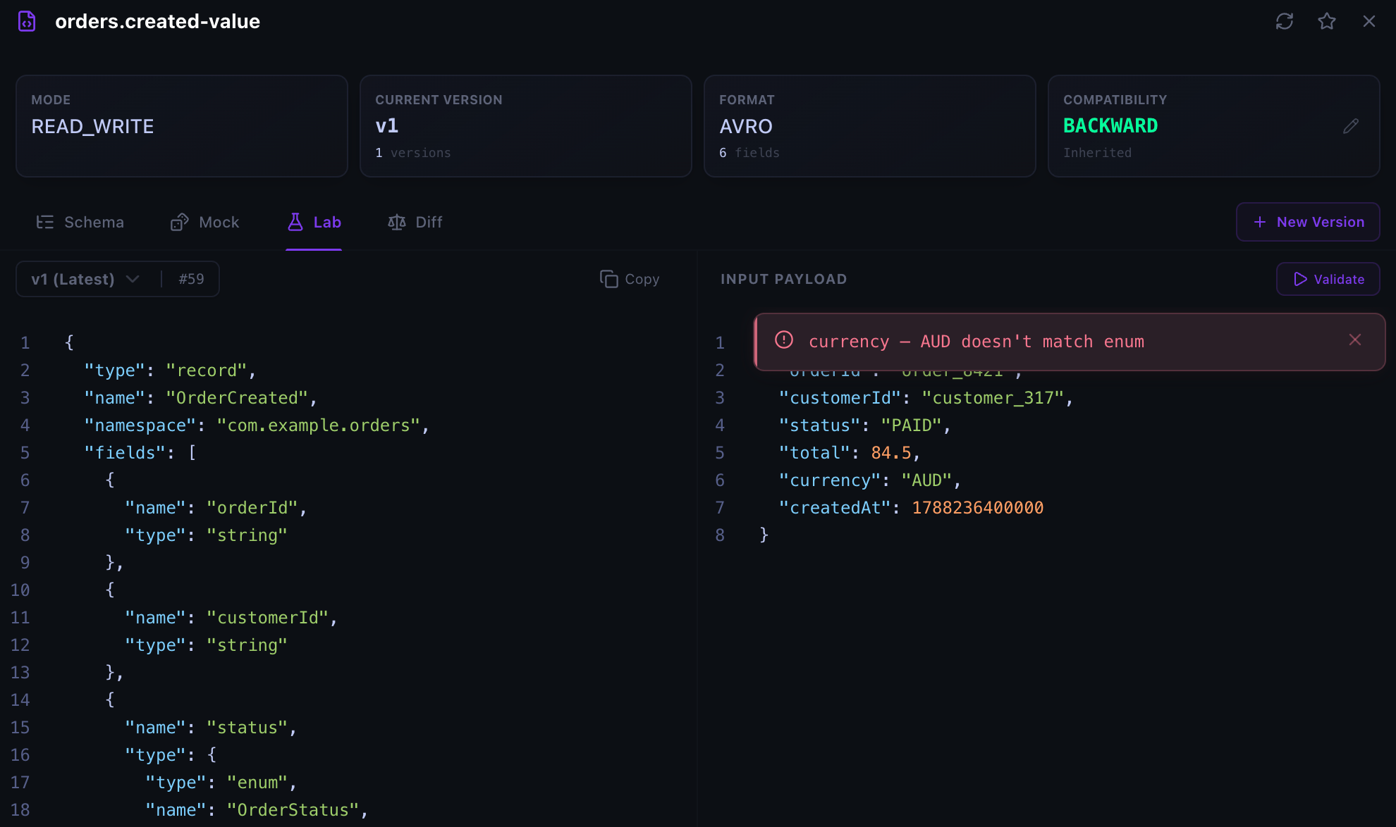 Kafma Schema Lab identifying an invalid currency enum value in a JSON payload tested against version 1 of an Avro schema