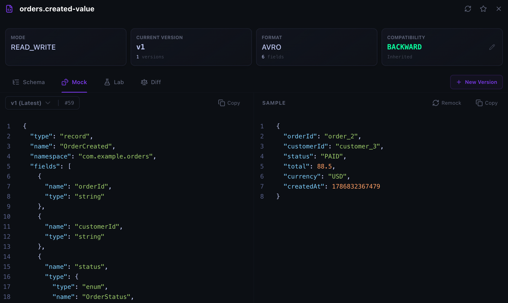 Kafma generating sample JSON from version 1 of an Avro schema in the Mock tab